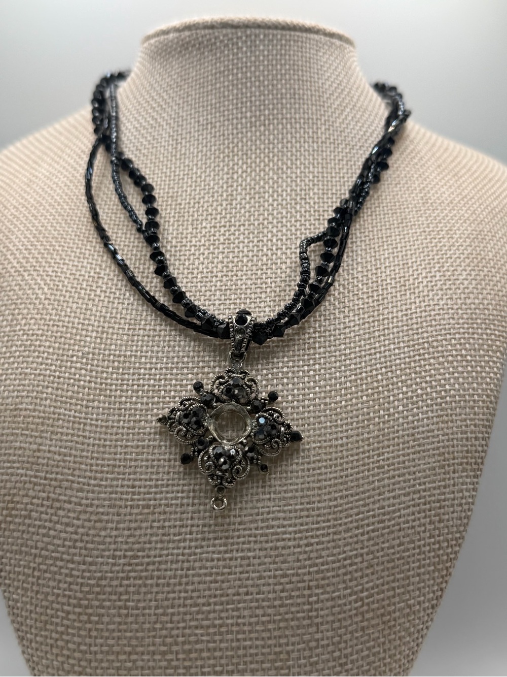 Black Beaded Multi-Strand Necklace with Silver Filigree Pendant